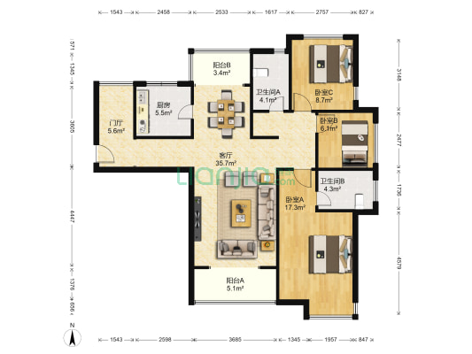 陆港金海岸 3室1厅2卫 131平方