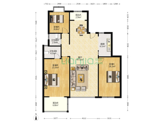 中交香滨国际 3室1厅2卫 137平方