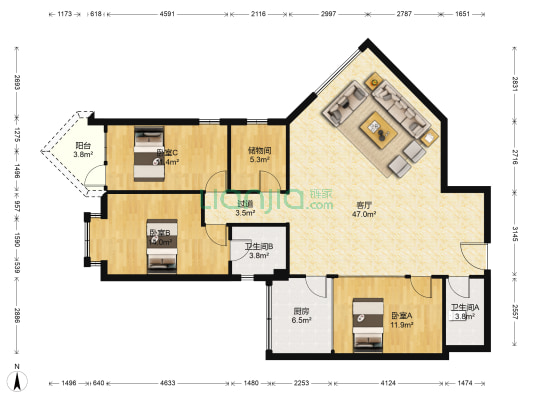 亚洲广场 3室1厅2卫 150平方