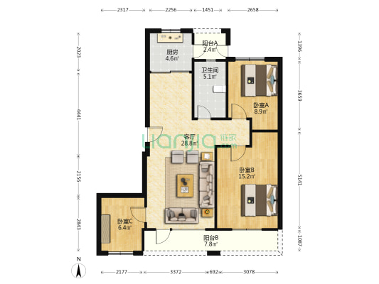瀚林苑 3室1厅1卫 108平方