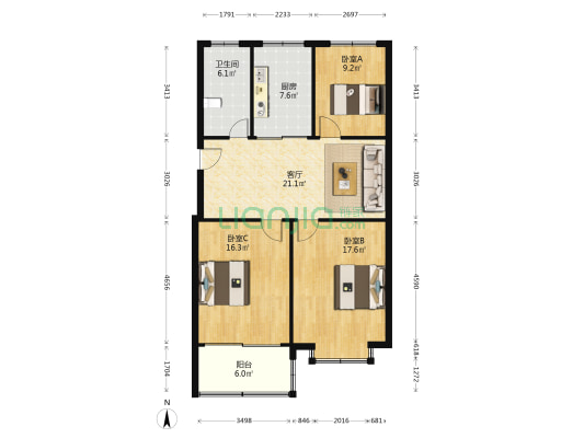 紫竹苑 3室1厅1卫 101平方