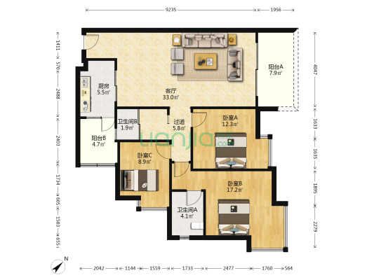 沙滨路精装修，看江住家安静三房，离侧门近出入便利！-户型图