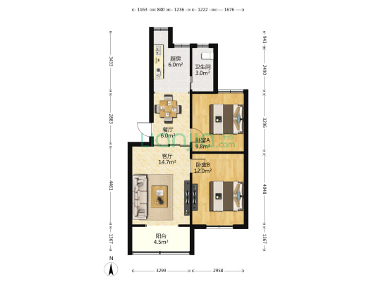 罗家集250号江南材料厂宿舍 2室2厅1卫 68平方