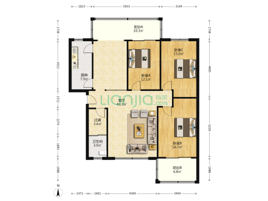 电影院宿舍 3室1厅1卫 131平方