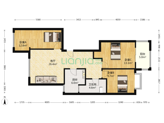 利通天鹅堡 3室1厅1卫 93平方