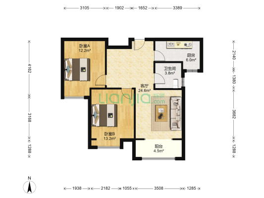 荣城中苑 2室1厅1卫 77平方