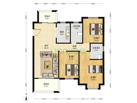 欧阳新村 3室1厅2卫 125平方