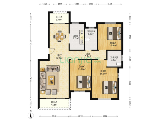 湖塘公寓 3室1厅2卫 120平方