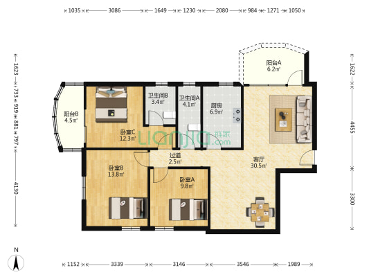 荷景园 3室1厅2卫 138平方