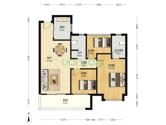 佳兆业滨江四季 3室1厅2卫 107平方