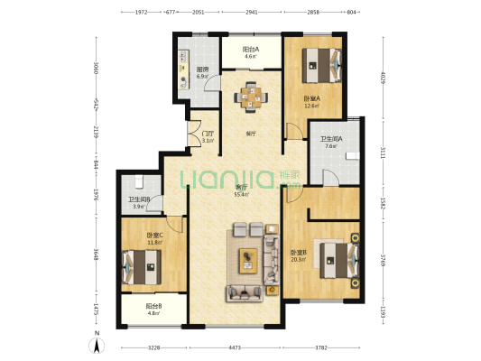 建发珑庭(公寓) 3室1厅2卫 167平方