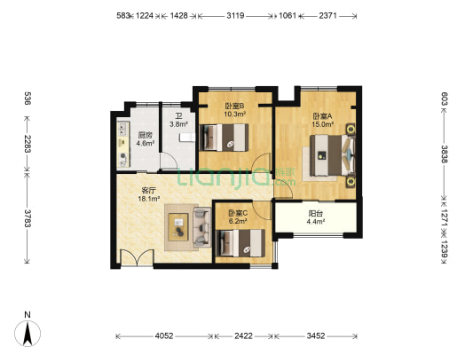 环球城公寓 3室1厅1卫 88平方
