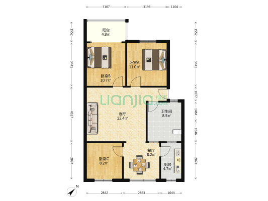 麻线营一号 3室2厅1卫 92平方