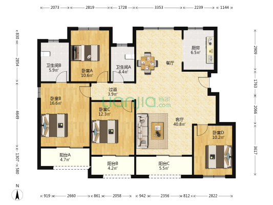 普罗理想国西2苑 4室1厅2卫 145平方