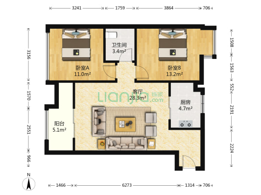 时代天城 2室1厅1卫 77平方