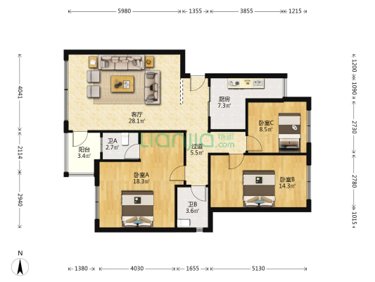 滨江家园2期 3室1厅2卫 105平方