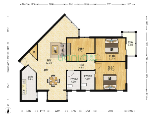 中北西子花园 3室1厅2卫 130平方