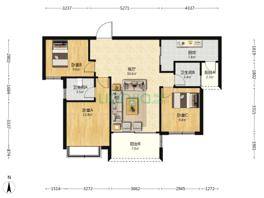 中央公园三组团 3室1厅2卫 111平方