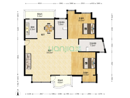 云亩天朗三期富仕山 2室1厅2卫 151平方