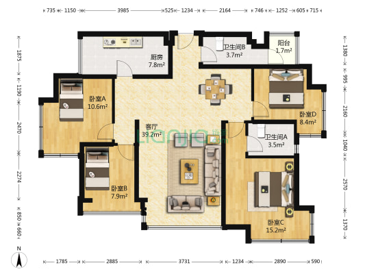 鲜花大院 4室1厅2卫 108平方