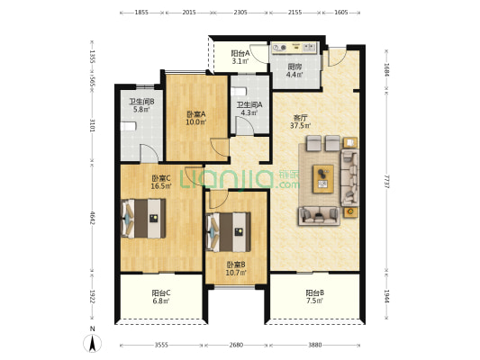 金地湾 3室1厅2卫 122平方