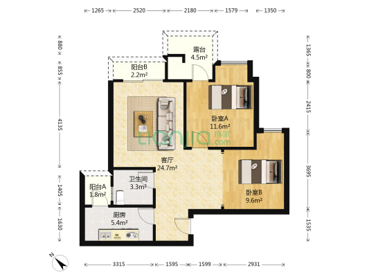 国博领馆二期 2室1厅1卫 72平方