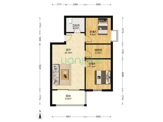 东方星家园 2室1厅1卫 91平方