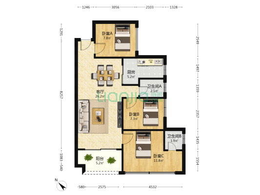 顺祥花园 3室1厅2卫 74平方