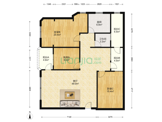 力源花苑 3室1厅1卫 127平方