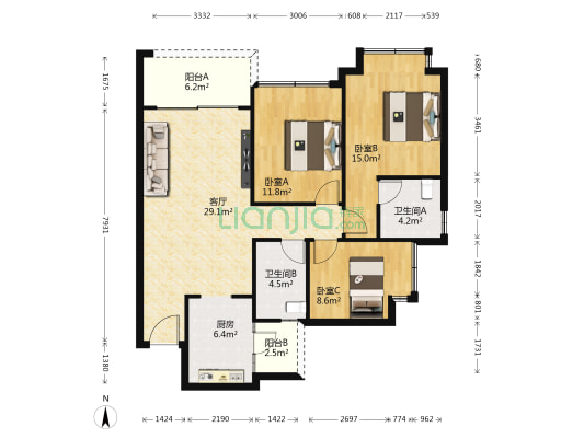 眉山恒大悦府 3室1厅2卫 105平方