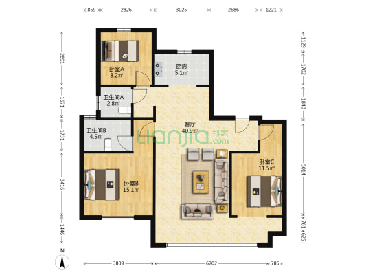 花海国际 3室1厅2卫 129平方