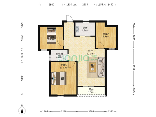 恒安领寓 3室1厅1卫 98平方