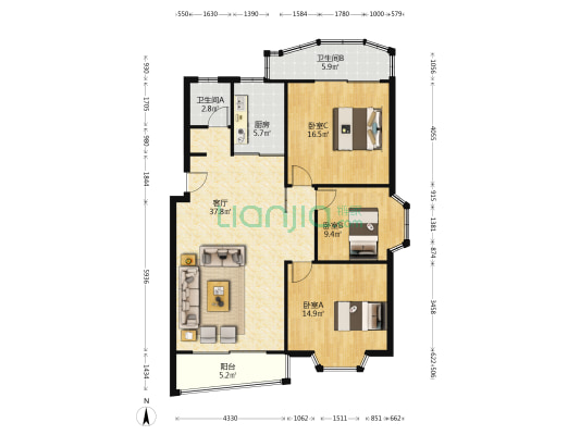 长城花园 3室1厅2卫 114平方