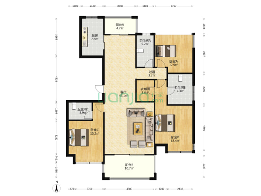 中铁佳苑 3室1厅3卫 160平方