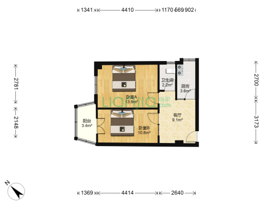 华航大厦 2室1厅1卫 64平方