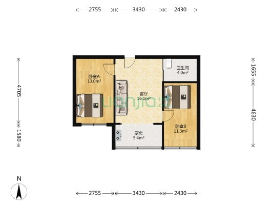 恒林家园 2室1厅1卫 61平方