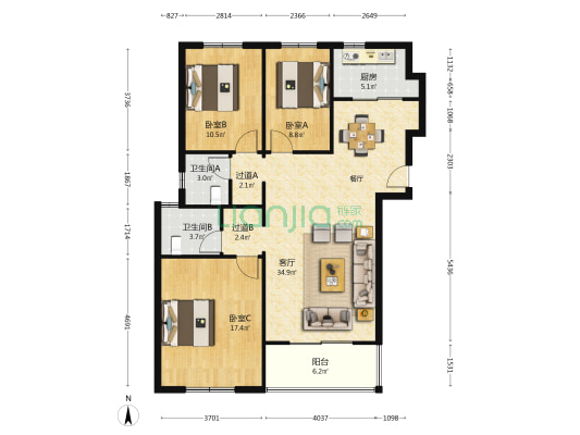 城东新苑二期 3室1厅2卫 123平方