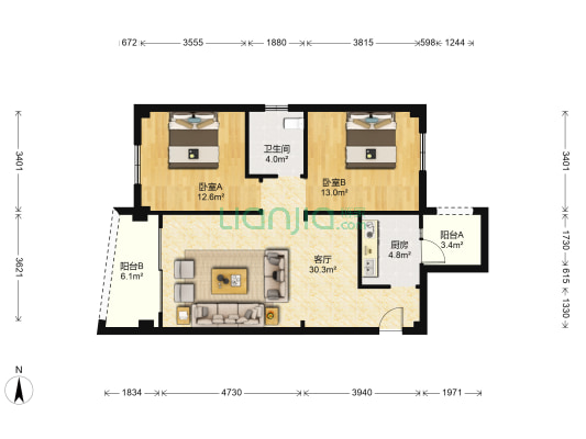 蓝星家园 2室1厅1卫 87平方