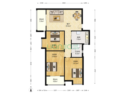 升龙天汇9号院 3室1厅1卫 118平方