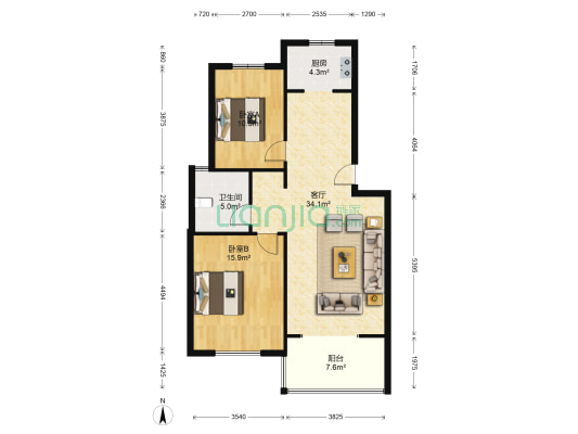 香榭美地南区 2室1厅1卫 86平方