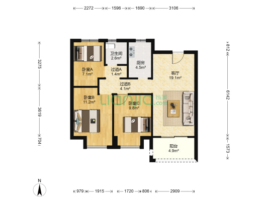 上善悦府 3室1厅1卫 87平方