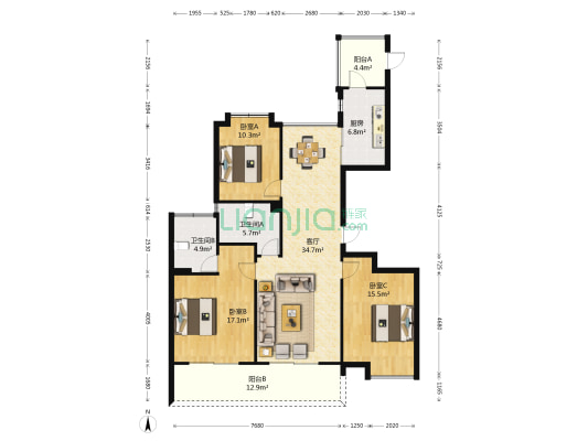 万达中心名宅 3室1厅2卫 140平方