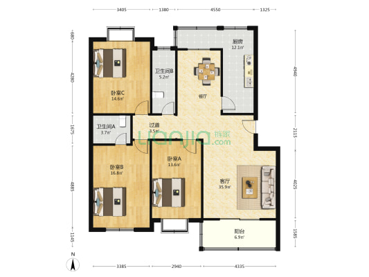 希努尔公寓 3室1厅2卫 134平方