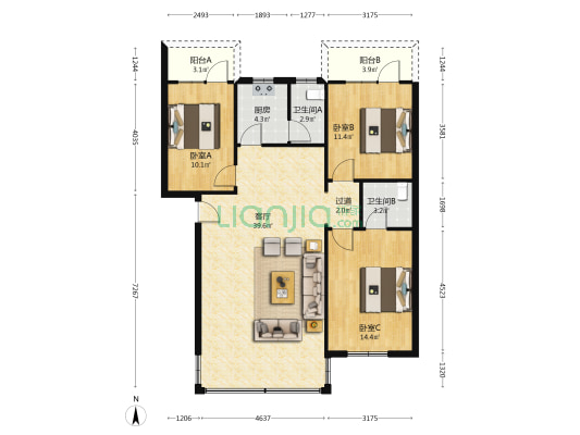 大园路73号 3室1厅2卫 95平方