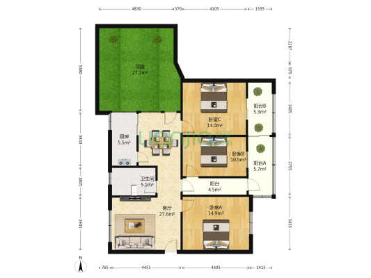市国土资源局樊城分局 3室1厅1卫 104平方