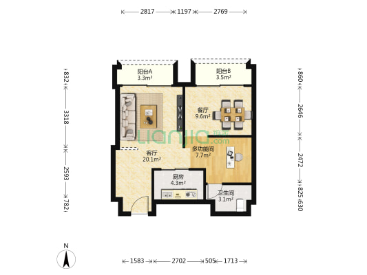 金融橙公寓 1室2厅1卫 90平方