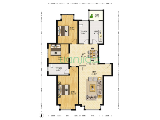 世纪情缘 3室2厅2卫 158平方