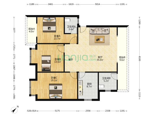 七里二期B区 3室1厅2卫 123平方