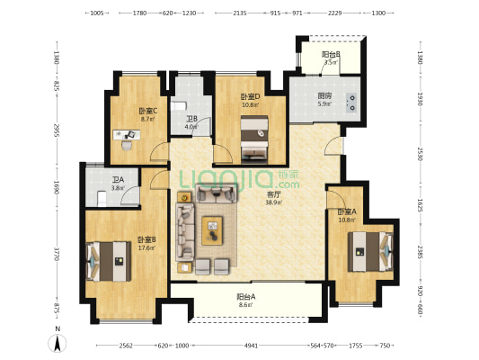 卉森卉林玥二期 4室1厅2卫 128平方