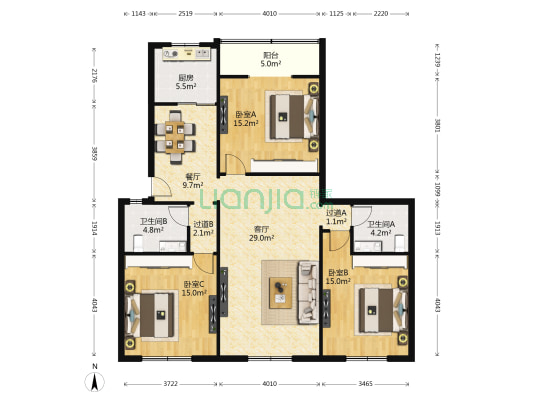 蓝天中苑 3室2厅2卫 130平方
